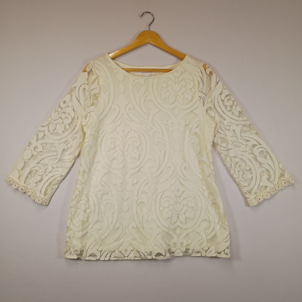 Romantic Charter Club Womens Small Cream Damask Burnout Cold Shoulder Lace Top